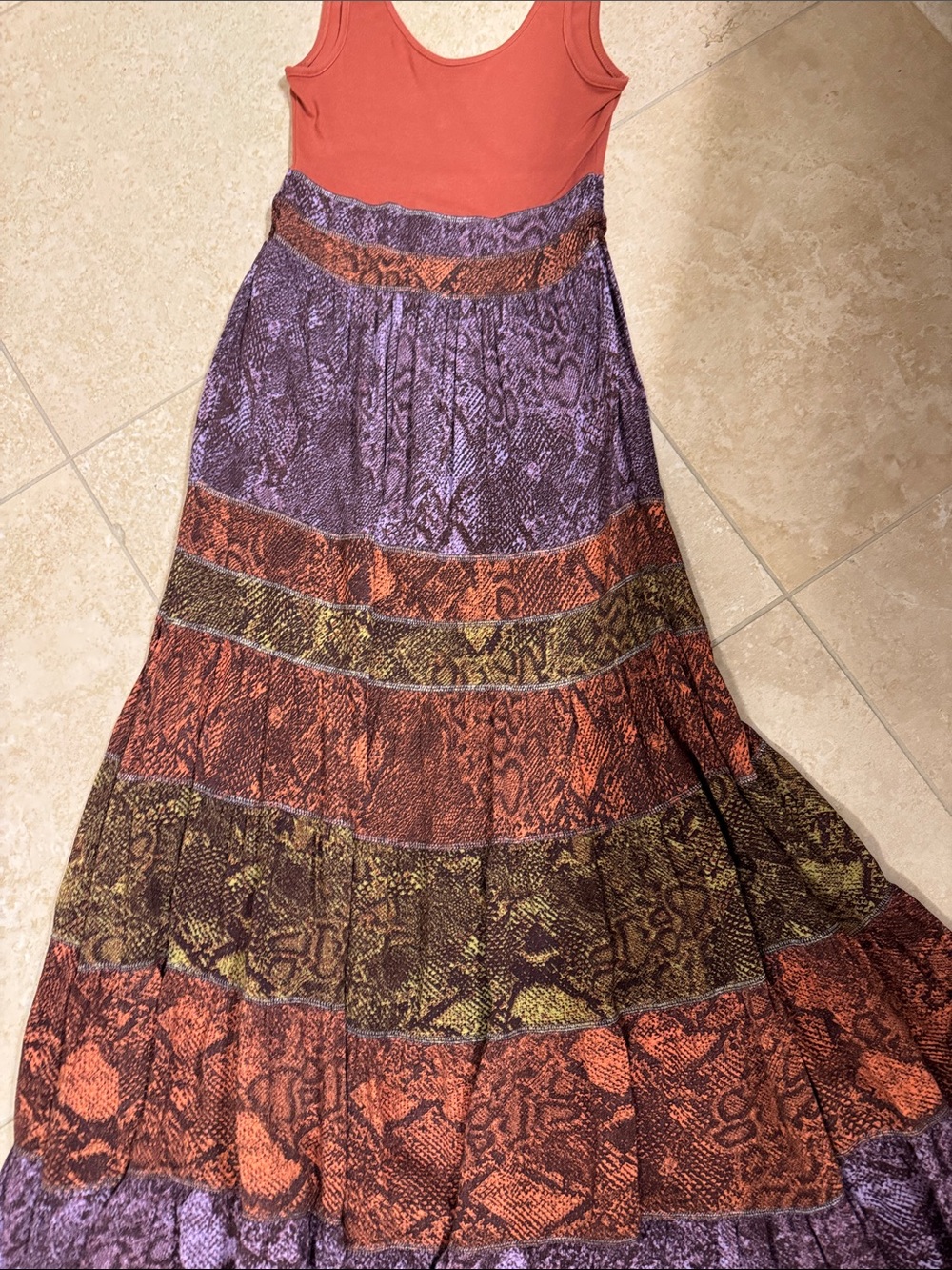 Anthropologie Maxi Dress in Rust Bodice with Purple, Rust and Olive Tiered Skirt - Picture 2 of 2